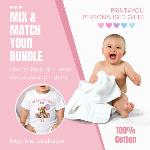 The image is an advertisement for a gift bundle that includes a baby's outfit, a towel, and a T-shirt. The bundle is designed to be mixed and match, allowing the recipient to choose from various items such as bibs, vests, sleepsuits, and T-shirts. The bundle is made of 100% cotton, ensuring that it is machine washable.
